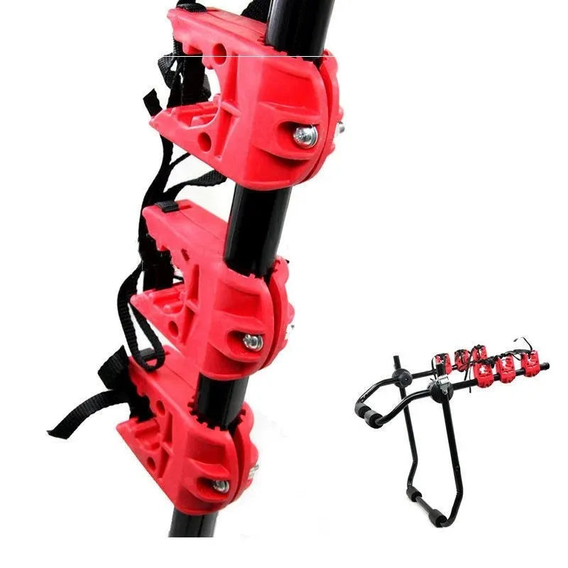 Black and red iron trunk mounted bike rack with protective sponge padding, shown with fastening straps.