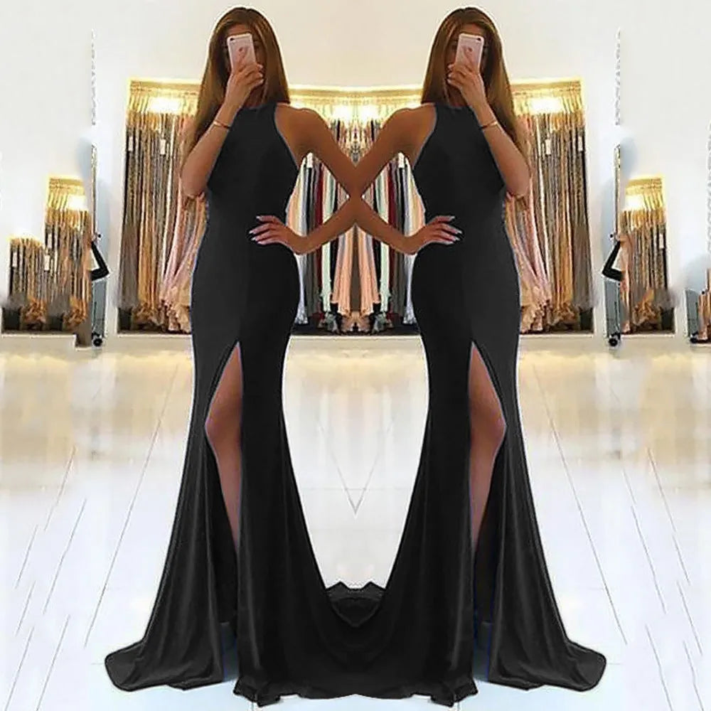 Red ladies long evening dress with hollow detailing, a high waist, and a large swing skirt