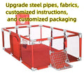 A large dark grey children's playpen tent with a stainless steel frame set up indoors.