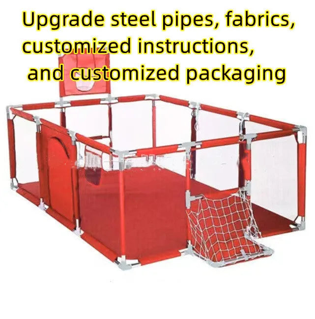 A large dark grey children's playpen tent with a stainless steel frame set up indoors.
