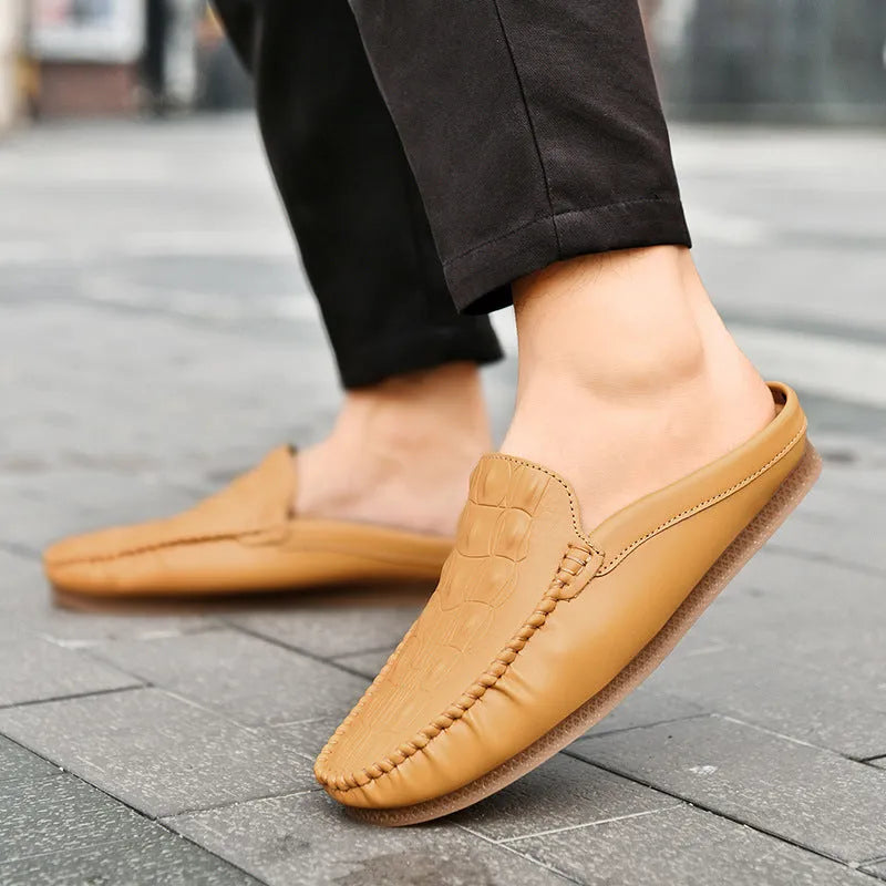 Men's black breathable gommino semi-slippers with a rubber sole and artificial PU upper.