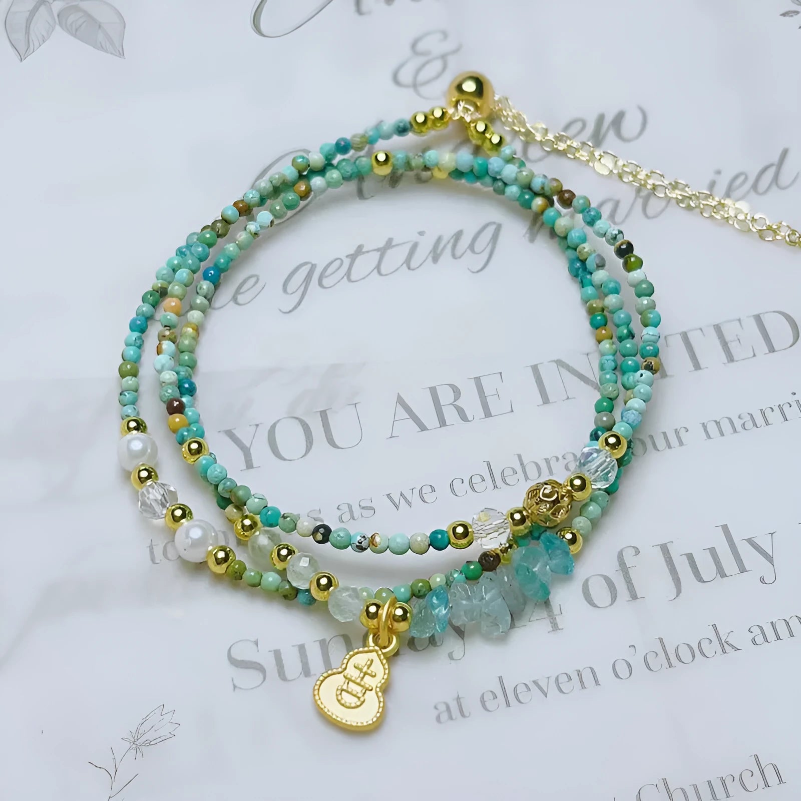 Xiaomi turquoise round beads bracelet with three-ring pull-out adjustable mechanism in Korean style