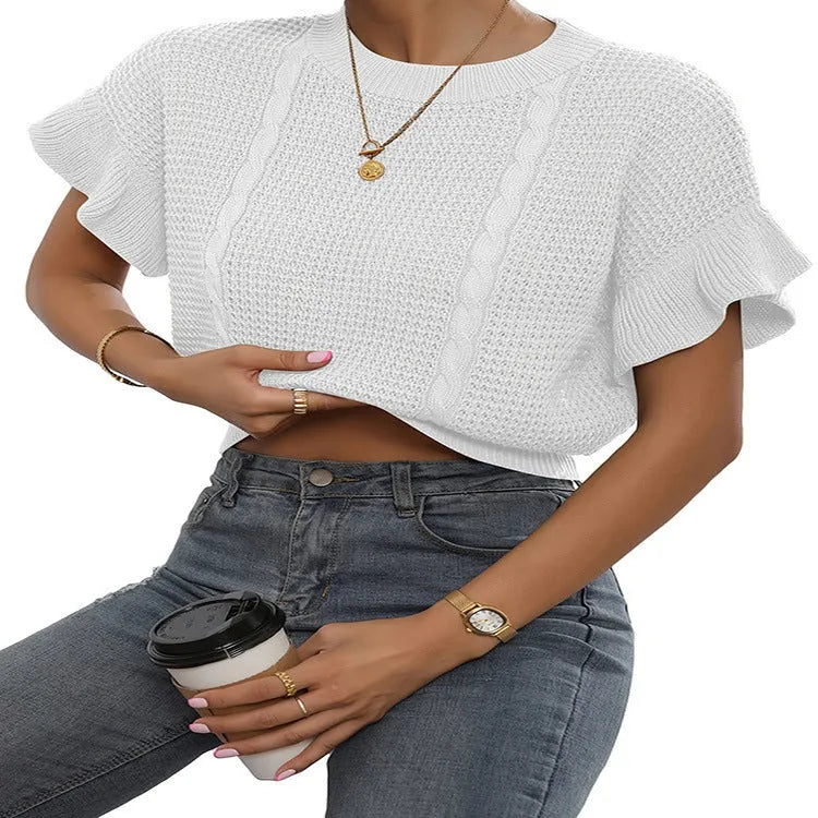 Twisted string pattern knitted sweater with ruffled short sleeves in Japanese Korean style