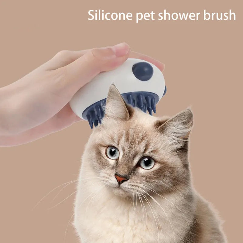 Panda-shaped silicone pet bath brush in blue for washing cats and dogs.