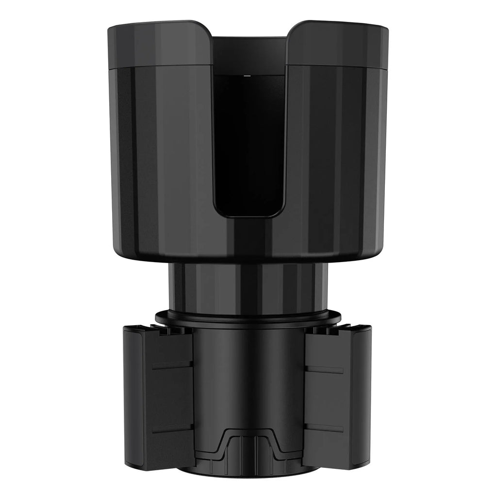 Matte black car cup holder expander with adjustable base for extra large bottles