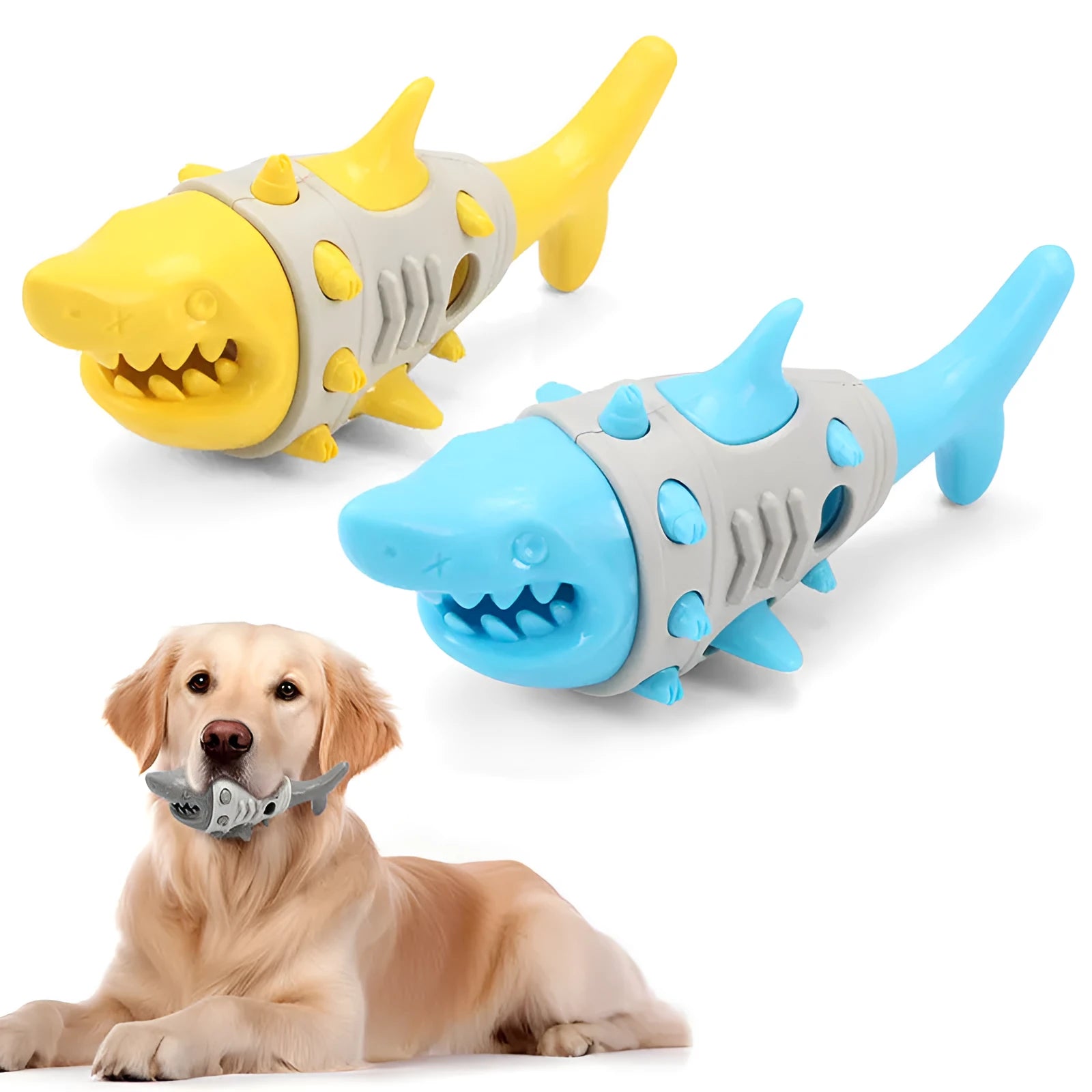 Blue shark-tooth textured dog chew toy with bite-resistant rubber construction and squeaker