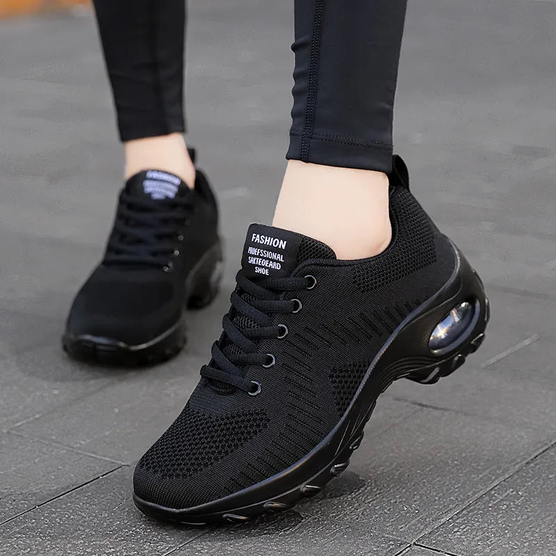 Women's round toe mesh sneakers with lace-up front and 3-5cm mid heel in black and red colours