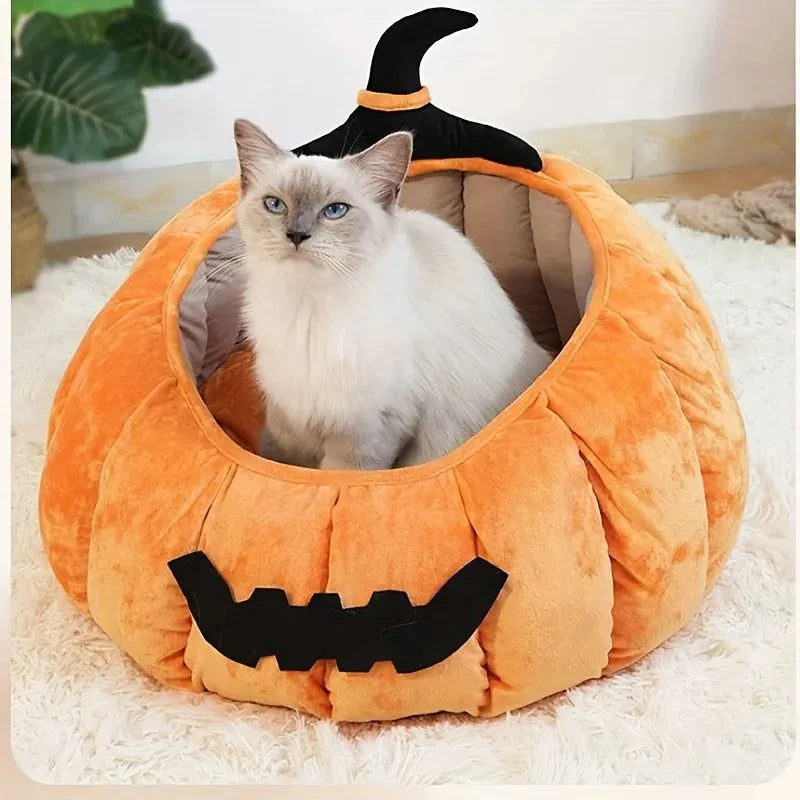 Orange plush Halloween pumpkin cat bed with cartoon devil face for small dogs