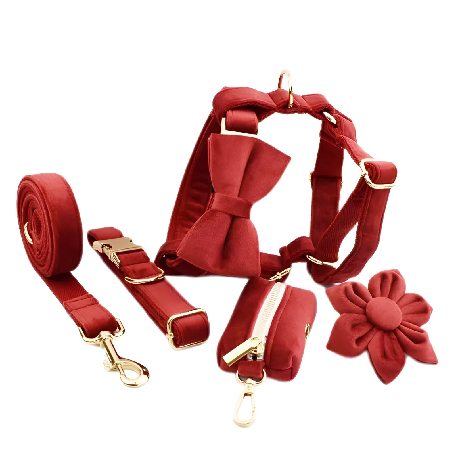 Cloth dog collar, matching leash, vest, bow tie, and poop bag holder set laid out flat.