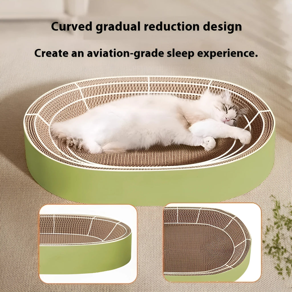 Green oval corrugated paper cat scratch board with 55cm diameter cat nest