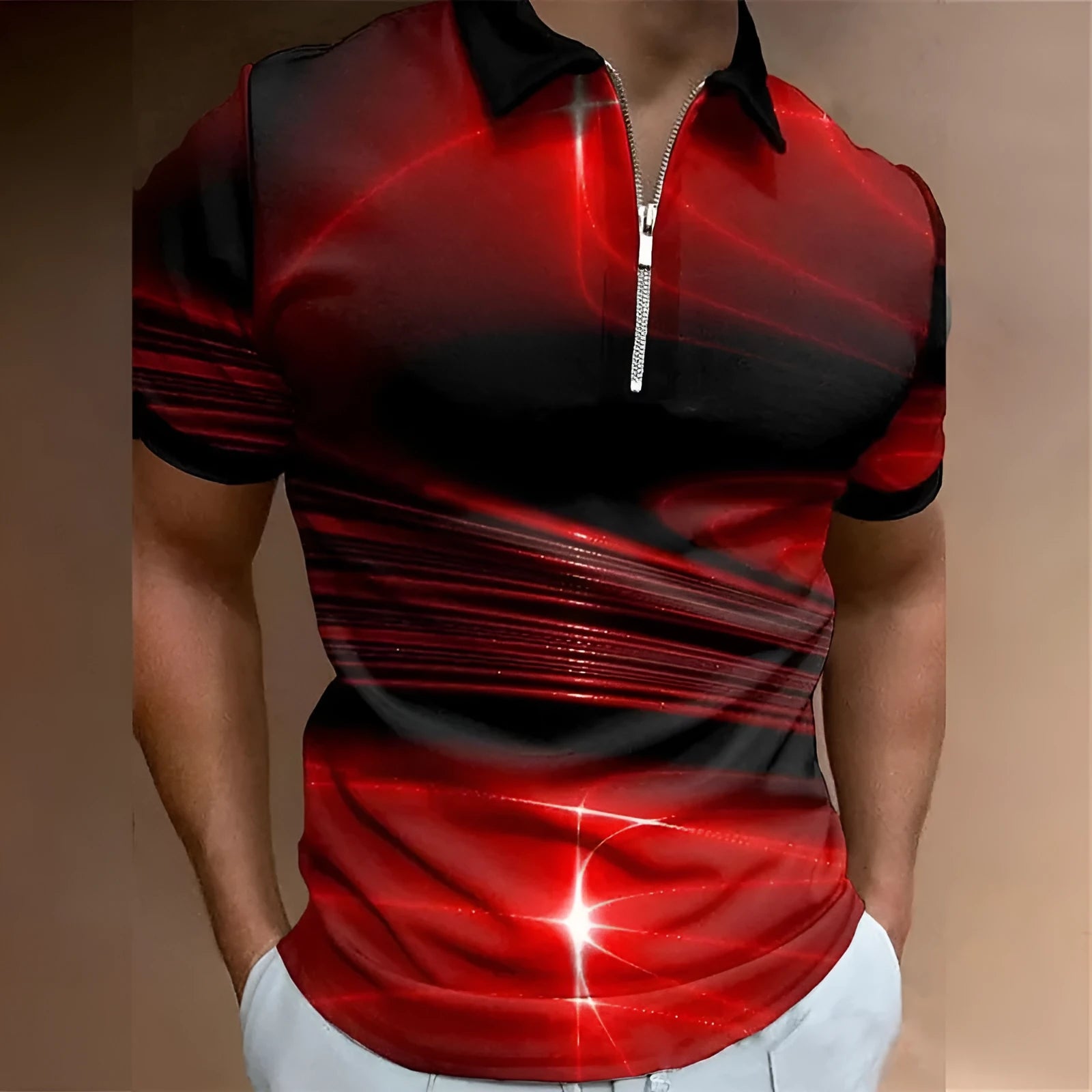 Man wearing a blue short sleeve zip-up polo shirt with a lapel collar, made from lightweight bird eye cloth.