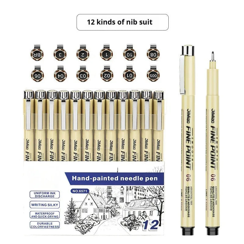Waterproof needle pen with black ink and hook line art cartoon design on 133mm plastic body