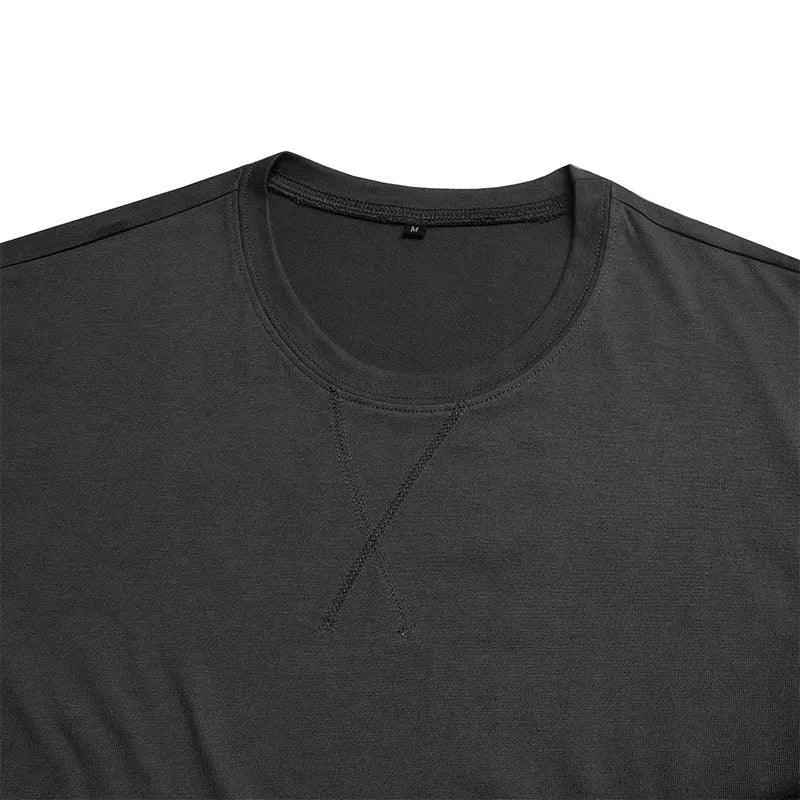 Men's slim fit cotton short-sleeved t-shirt shown in multiple colour options including army green and light blue.