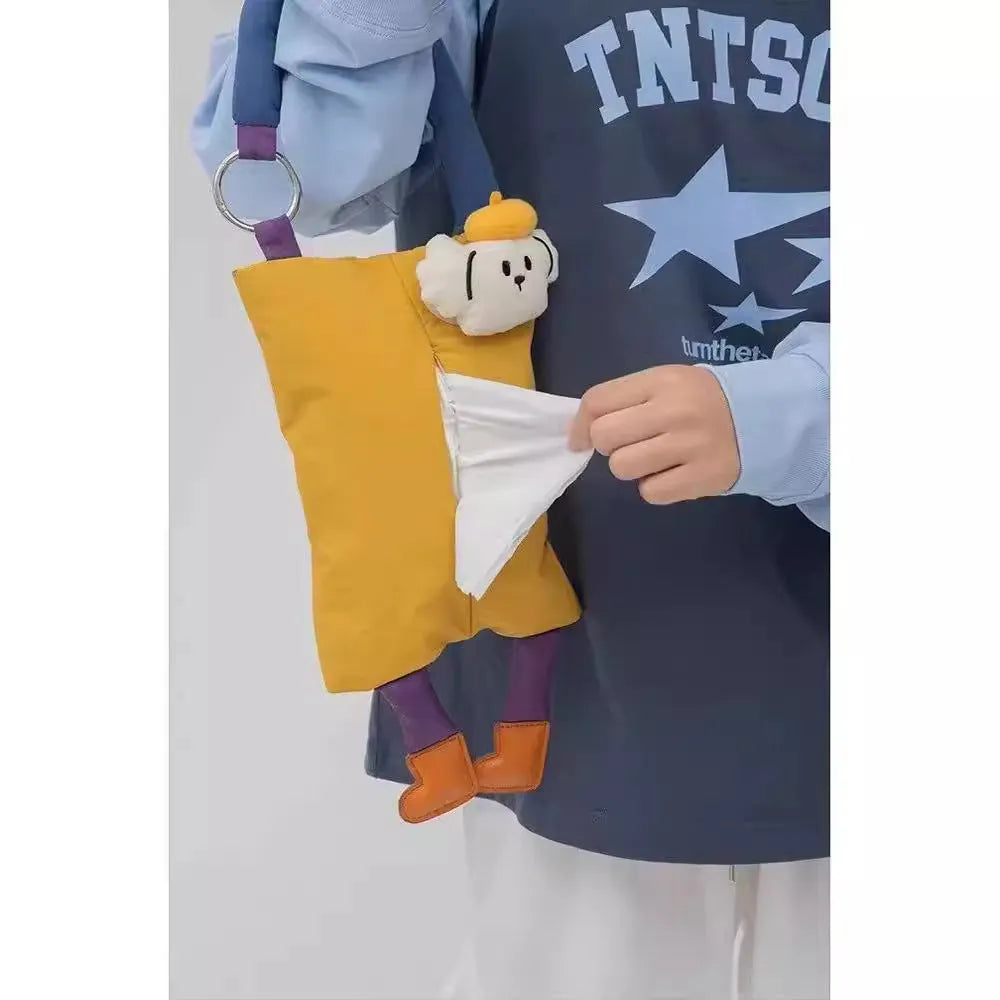 Plush hanging car tissue bag in hat dog or baby crocodile design measuring 25 by 19 centimetres
