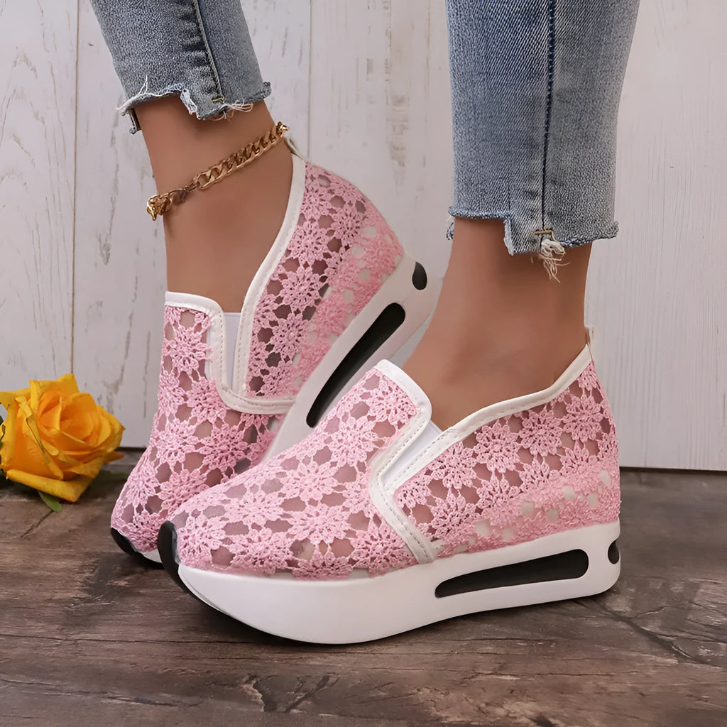 Women's lace mesh flat shoes with inner heightened platform, round toe, satin upper, available in pink and white