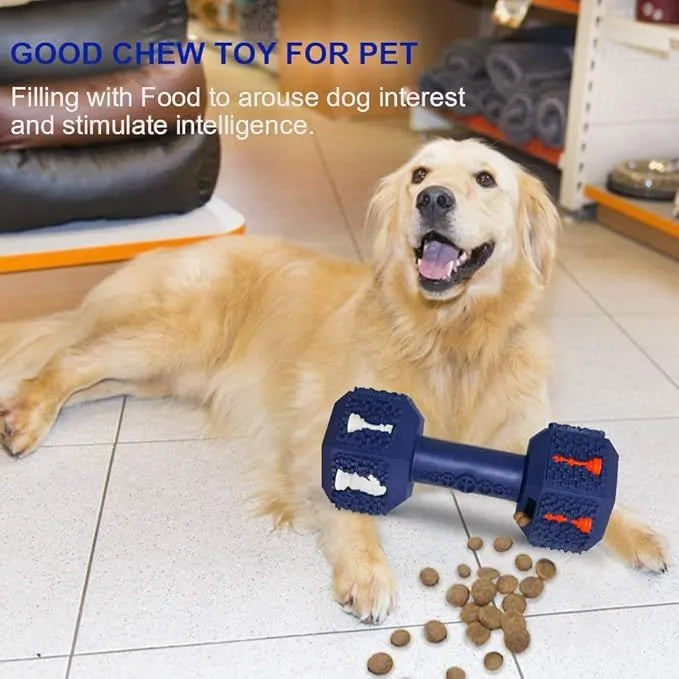Durable dumbbell-shaped dog chew toy with textured surface and hollow ends for treats in black or blue