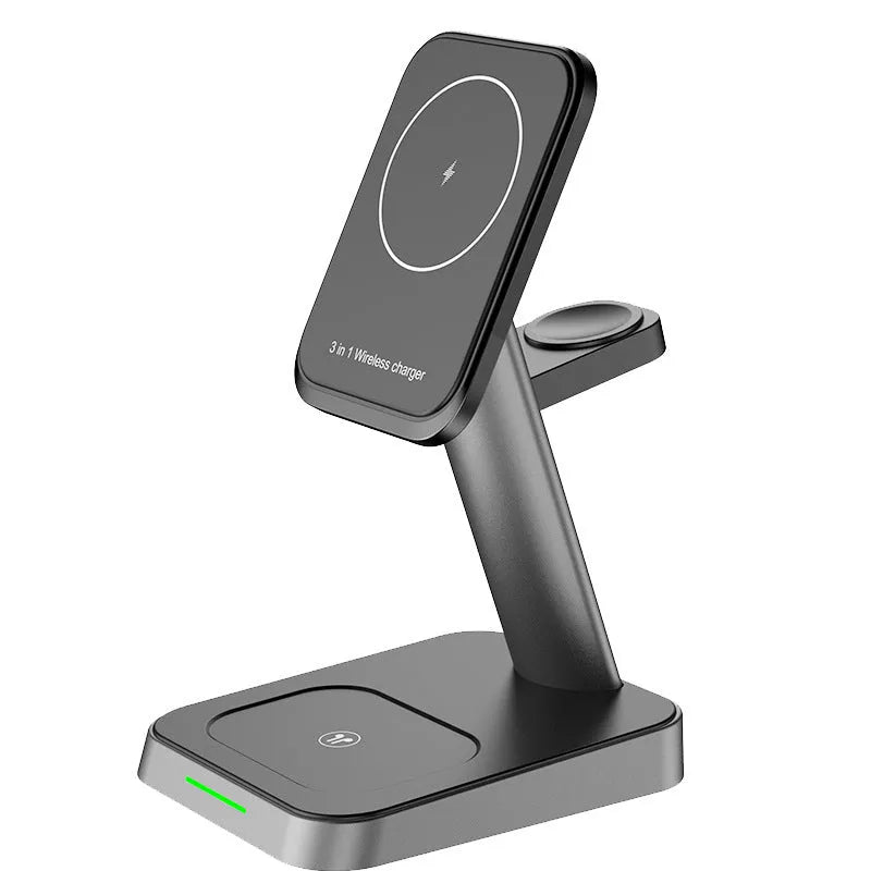 Black vertical wireless charging stand for mobile phone and Apple Watch with built-in battery