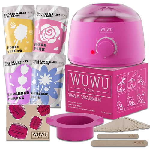 27-piece hair removal wax kit showing four colour wax beads, wax machine, face and body wax sticks