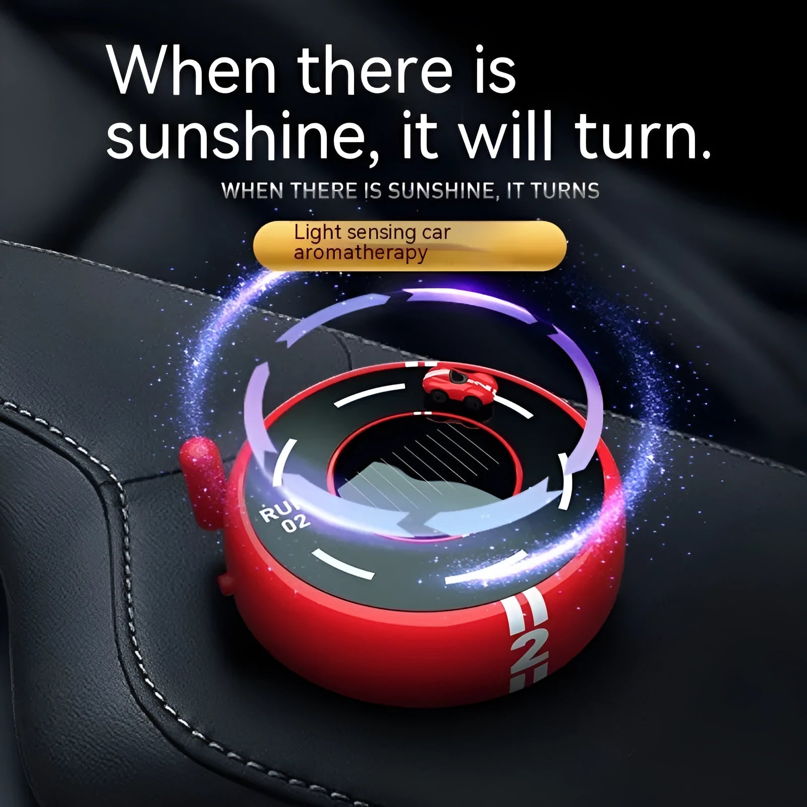Solar-powered round car aromatherapy decoration with LED lights in black, red, and white colour options