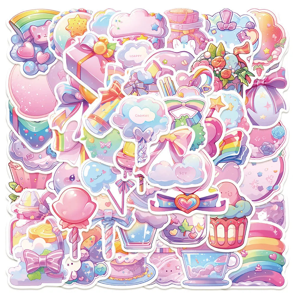 Pack of 50 cute candy-themed waterproof decorative stickers, sizes 4 to 7 cm.