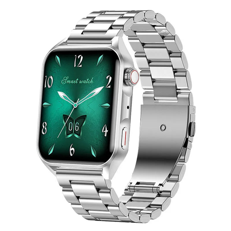 Pink smart watch with HD AMOLED screen and silicone strap on a wrist, showing a custom watch face dial.