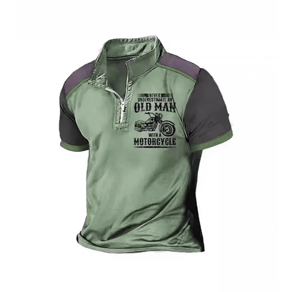 Men's casual short sleeve polo shirt with a digitally printed lapel and zipper details.