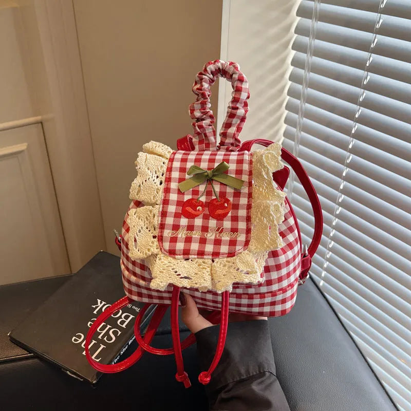 Sweet lace mini checkered backpack in cotton plaid with three-dimensional outer pocket and zipper interior