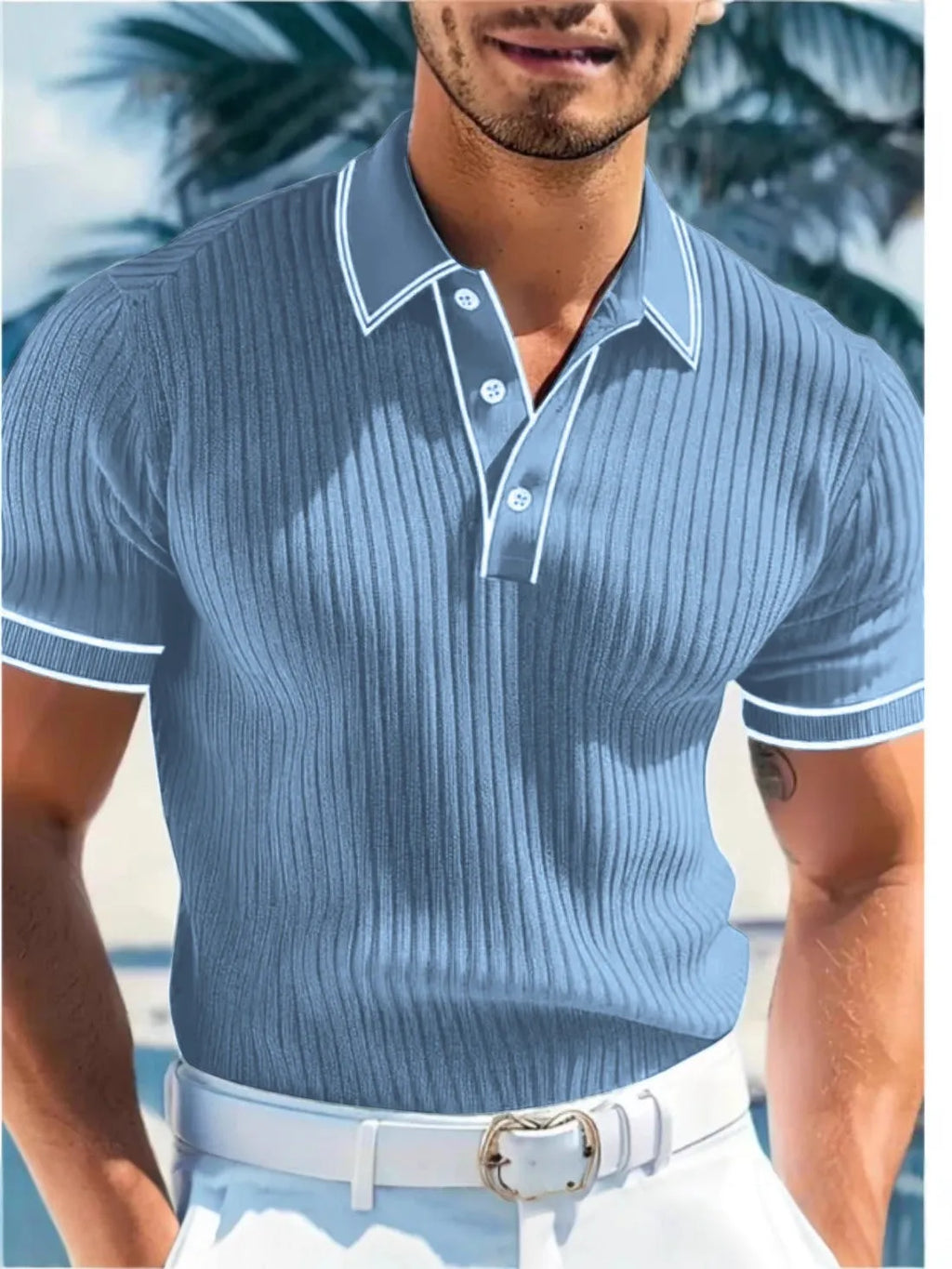 Men's striped polo shirt short sleeve loose fit in six colour options showing Asian sizing