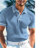 Men's striped polo shirt short sleeve loose fit in six colour options showing Asian sizing