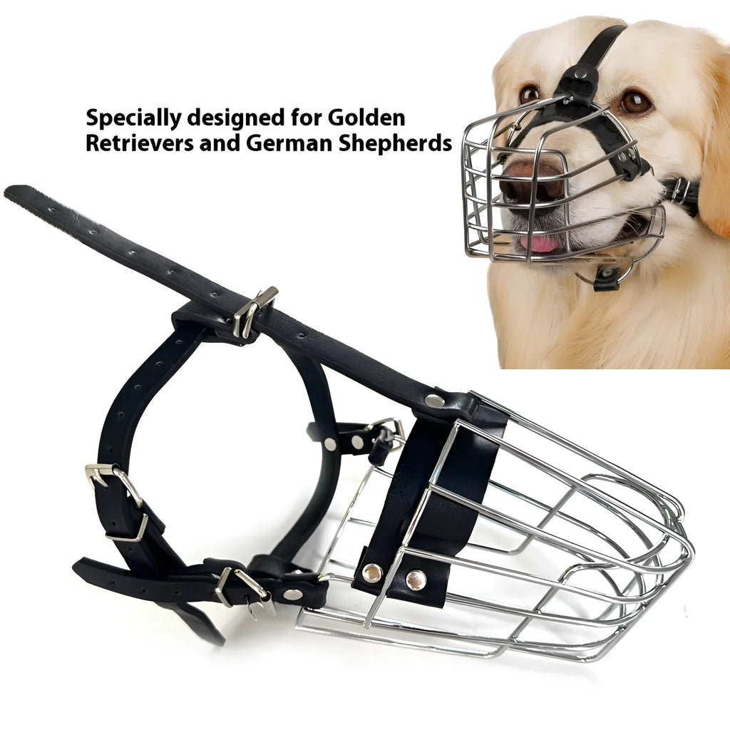 Black metal basket muzzle for large breed dogs, specifically for Golden Retrievers and German Shepherds.