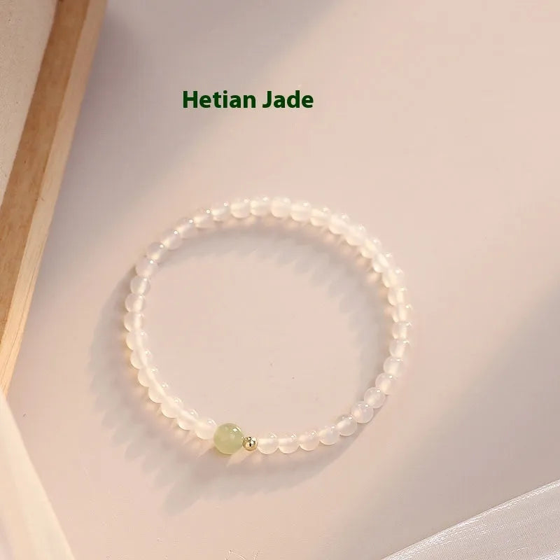 Natural white agate bracelet for women with 15cm circumference, showcasing handmade New Chinese style.