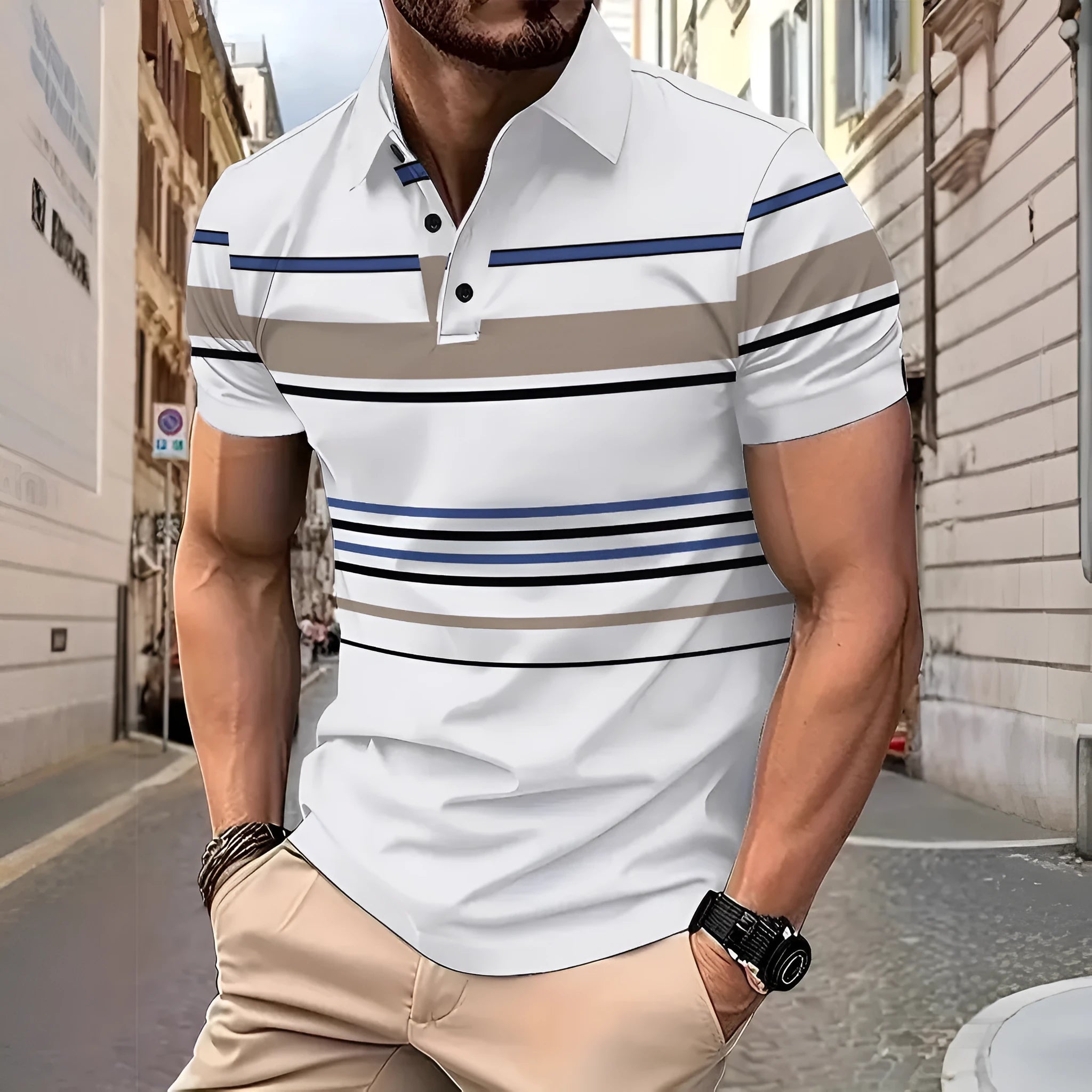 Men's white striped short sleeve polyester t-shirt laid flat showing slim fit style
