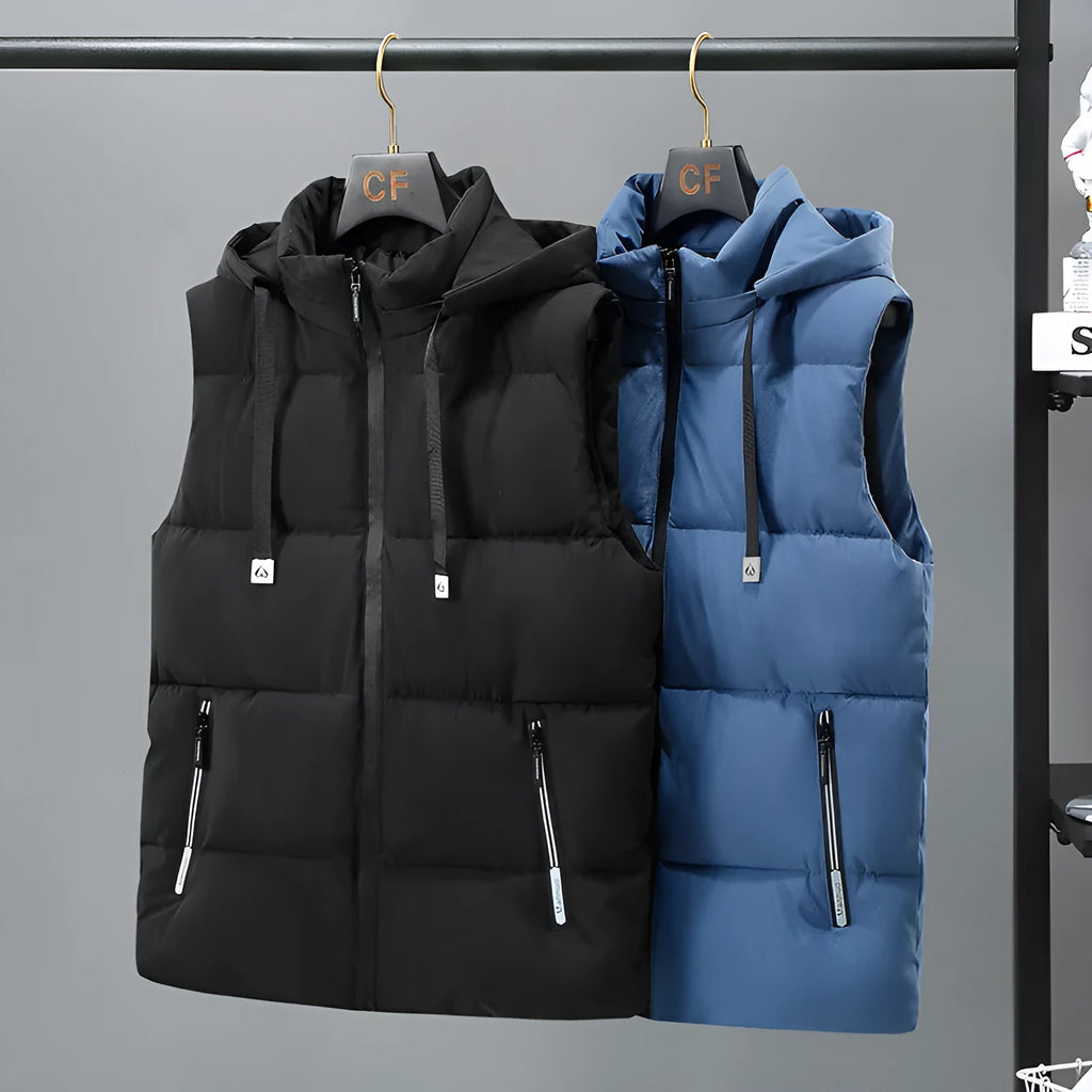 Men's black thickened vest with removable cap and straight hem design