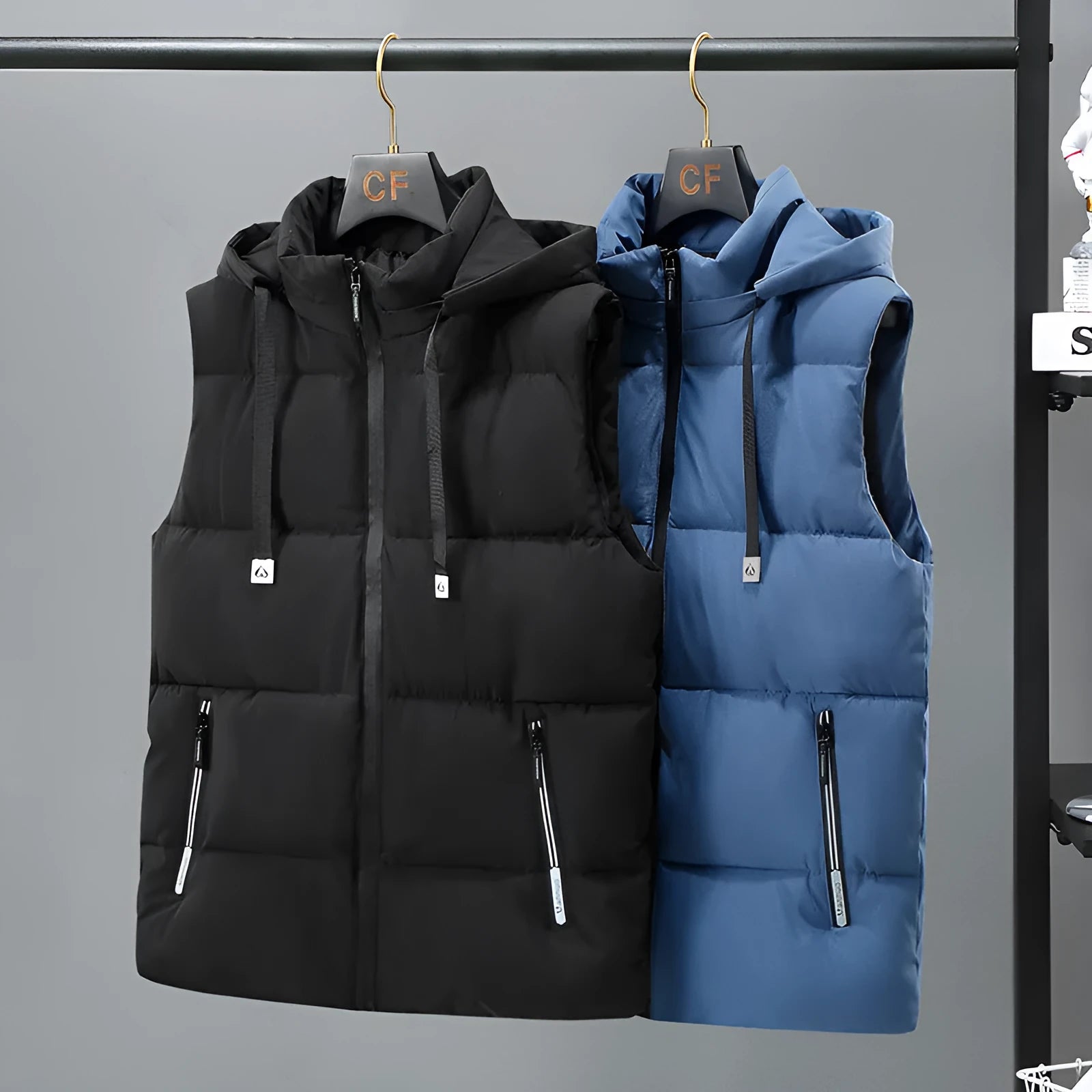 Men's black thickened vest with removable cap and straight hem design