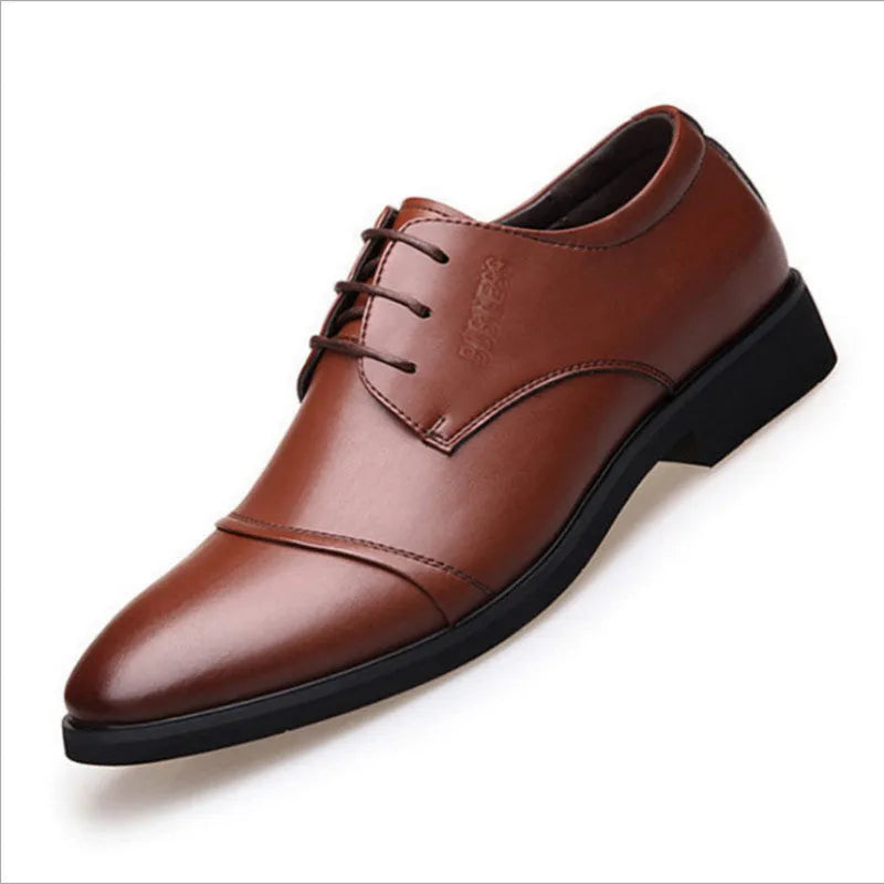 Men's black formal lace-up shoes with stitching detail on a rubber sole