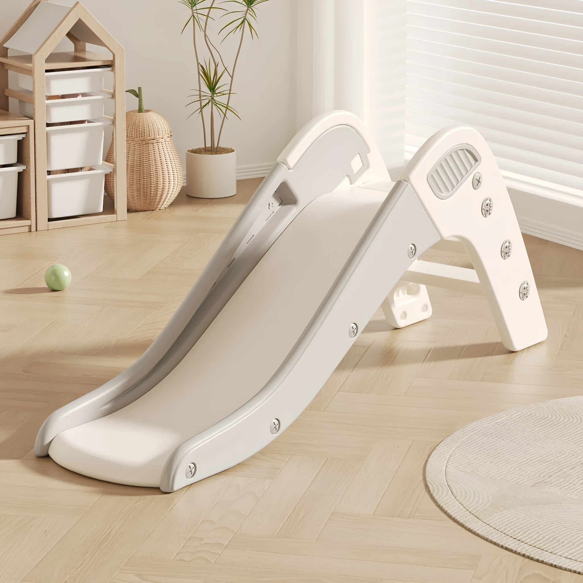 Small plastic baby slide in blue, yellow, brown, or grey colour for toddlers under three