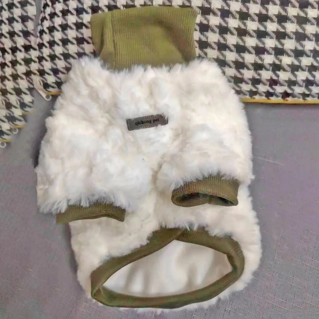 Creamy green plush turtleneck dog coat on a small dog, showing thick padding and high collar.