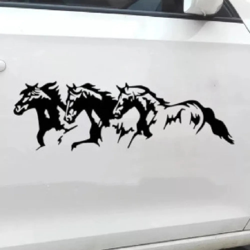 Three horses steed design car body sticker in black, white, red, and blue colour options.