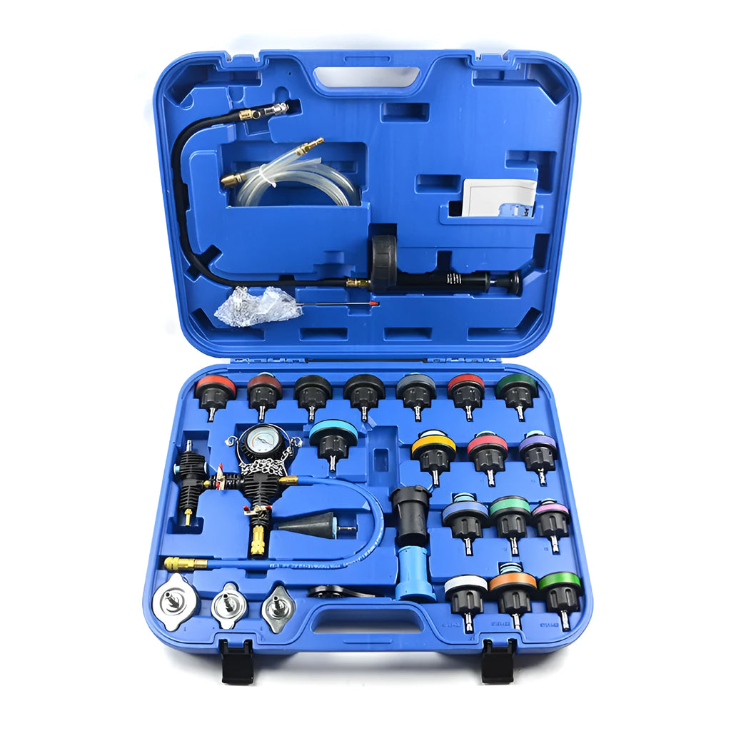 Blue 28-piece automotive cooling system pressure tester kit with gauge and adapters