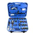 Blue 28-piece automotive cooling system pressure tester kit with gauge and adapters