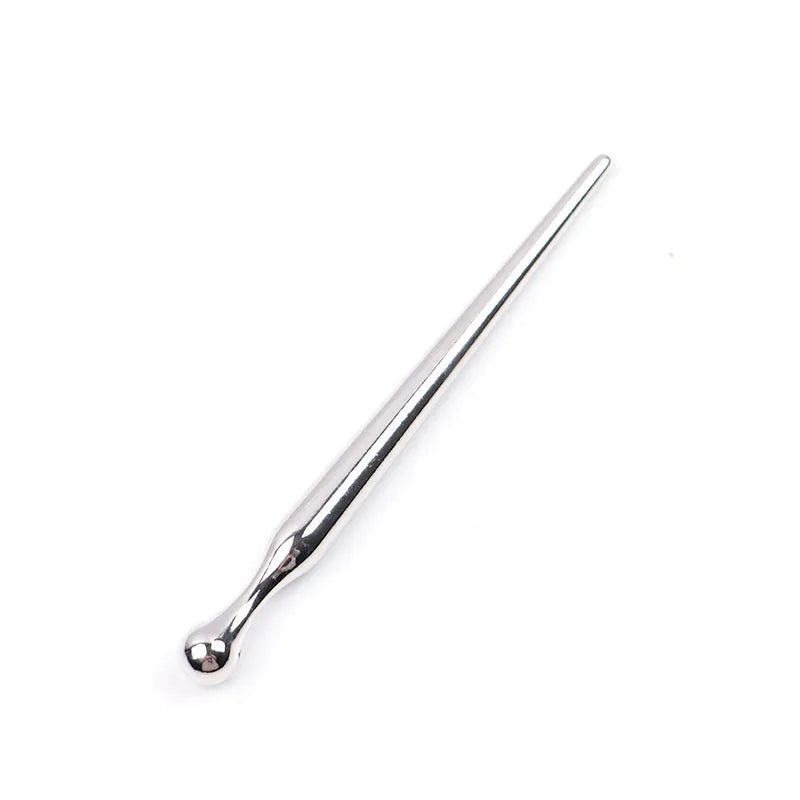 Silver stainless steel urethral plug stick with round beads and flared safety base
