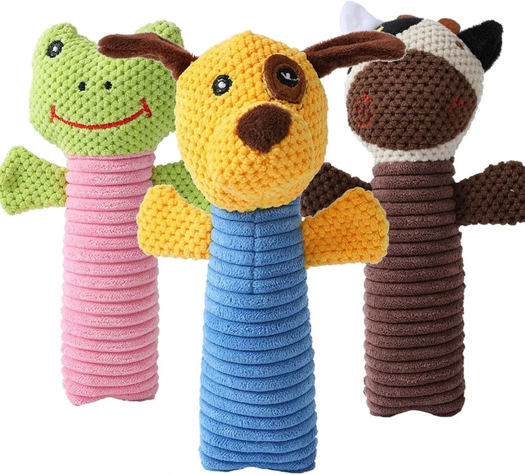 Squeaky stuffed dog chew toy in calf, frog, or puppy shape on white background
