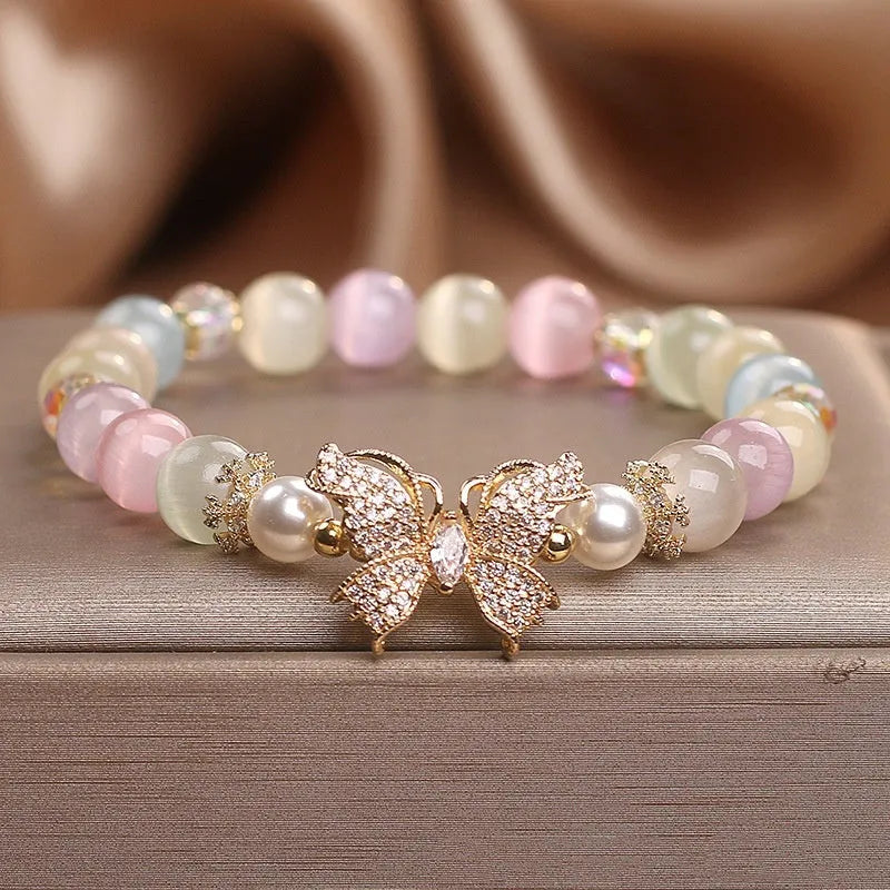 Natural stone bracelet with golden moonstone and butterfly design for women