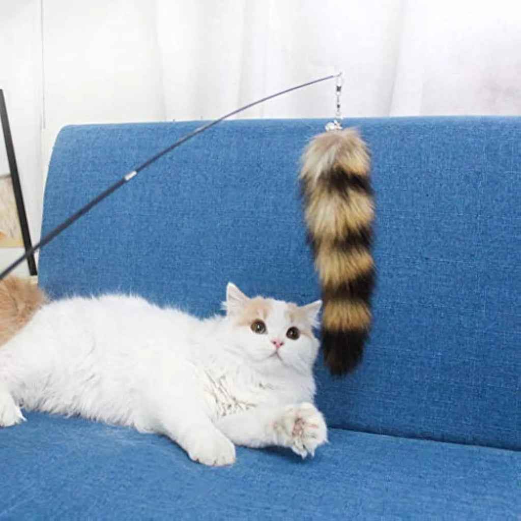 Black cat toy wand teaser with elastic string measuring 42cm length