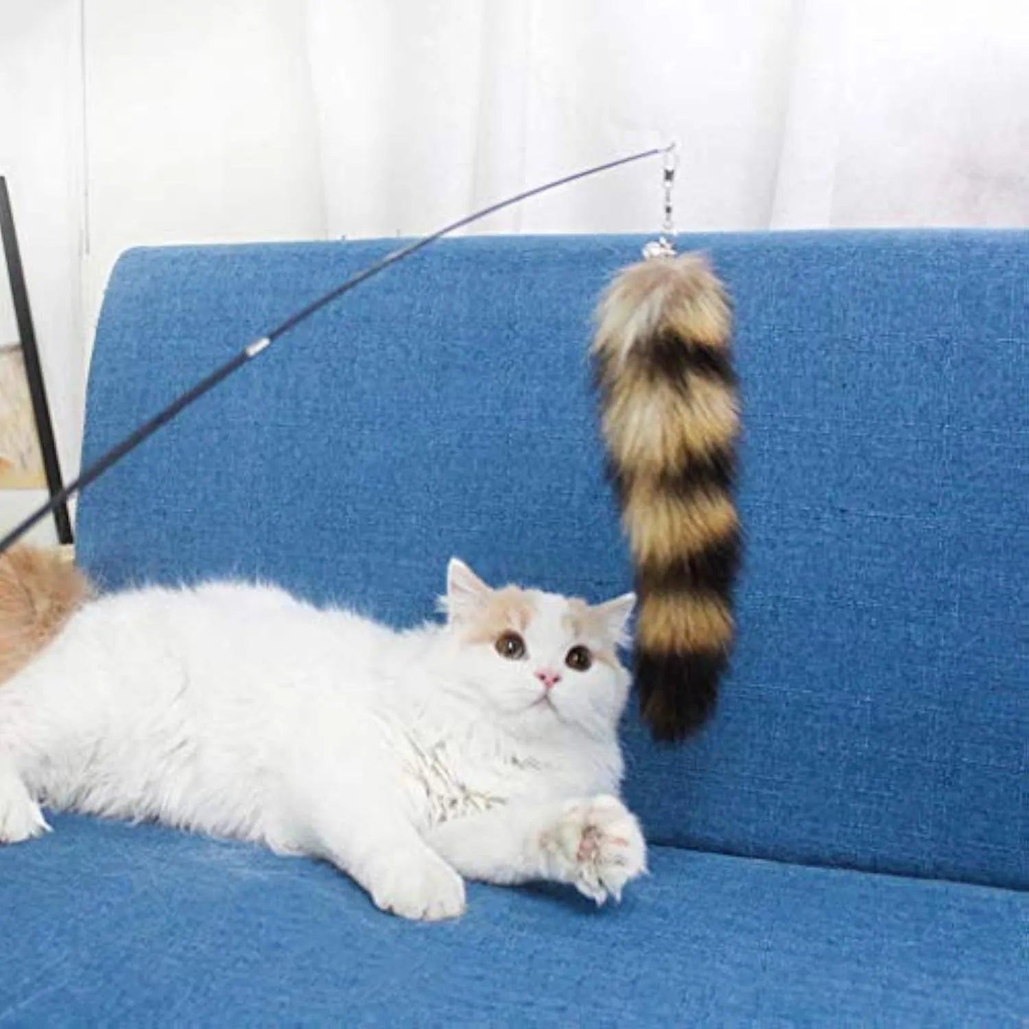 Black cat toy wand teaser with elastic string measuring 42cm length