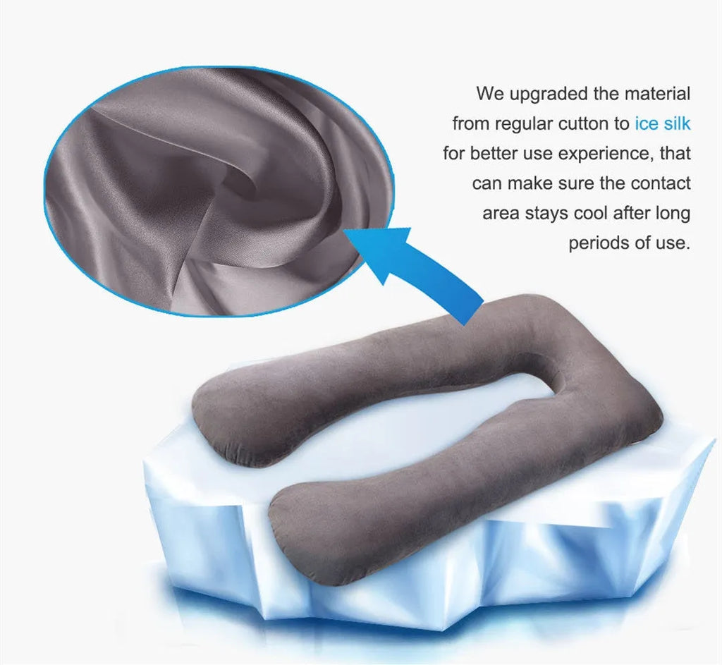 U-shaped pregnancy pillow in light blue ice silk fabric on a bed.