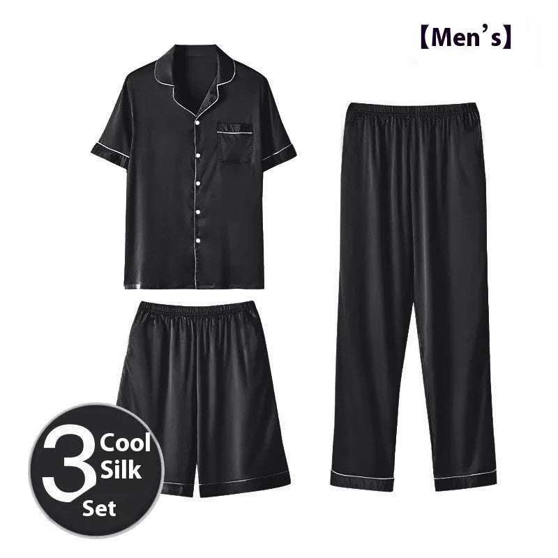 Men's ice silk three-piece home wear set in various colours with extended sizing options