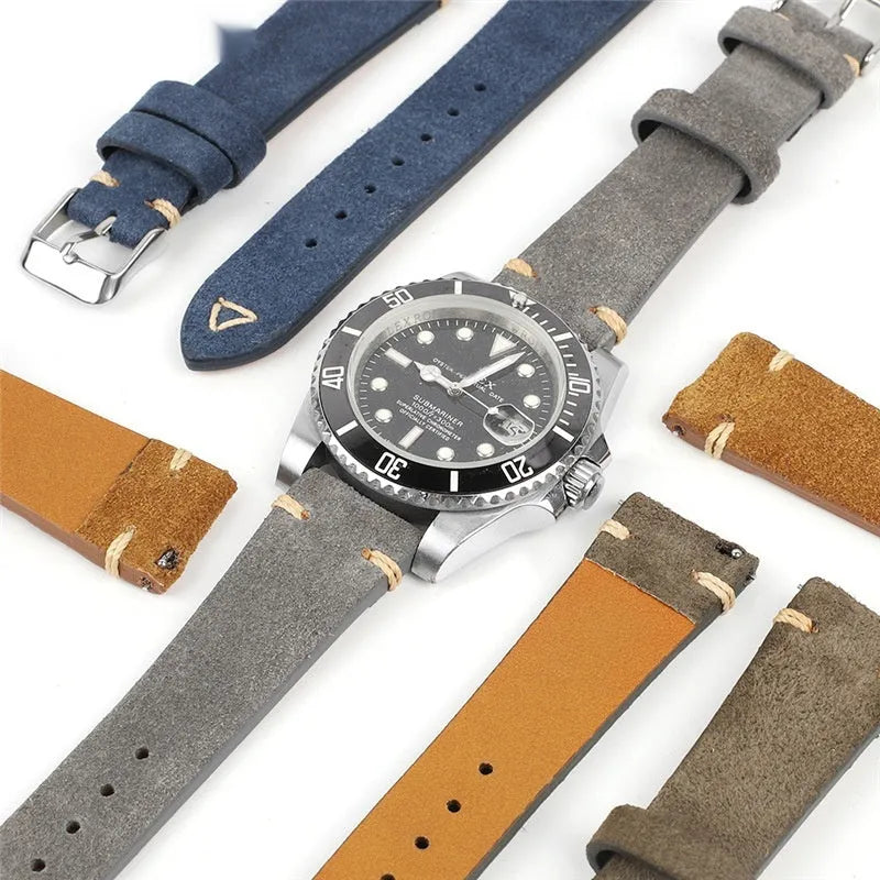 Genuine suede leather watch strap in brown, blue, gray, and army green colours showing 20mm and 22mm width options.