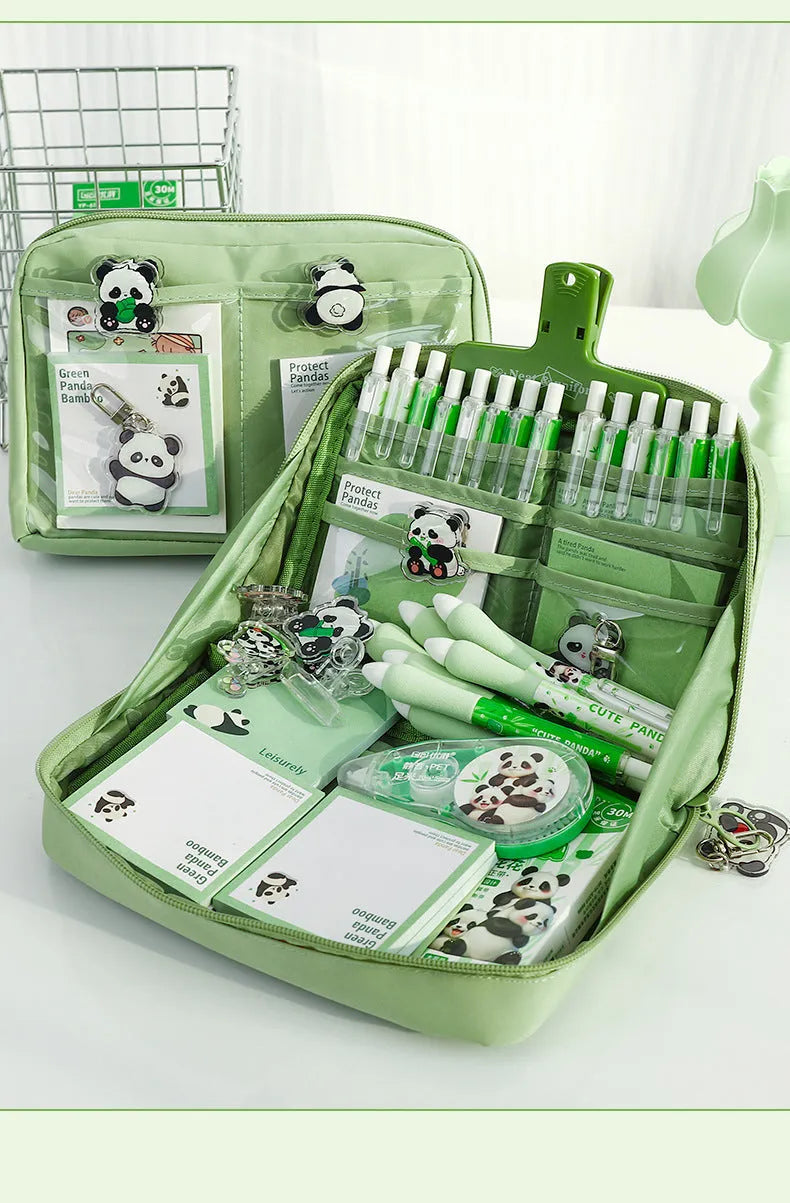 Green canvas panda pencil case with 12 zippered layers for stationery organisation