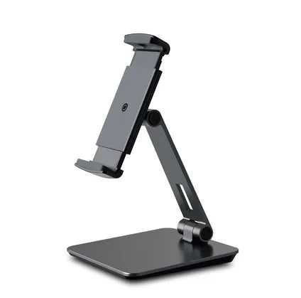 Folding aluminium phone and tablet stand in silver, shown holding a tablet at an angle.